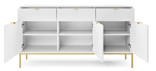Bílá rýhovaná komoda se zásuvkami na zlatých nohách 154 cm moderní do obýváku