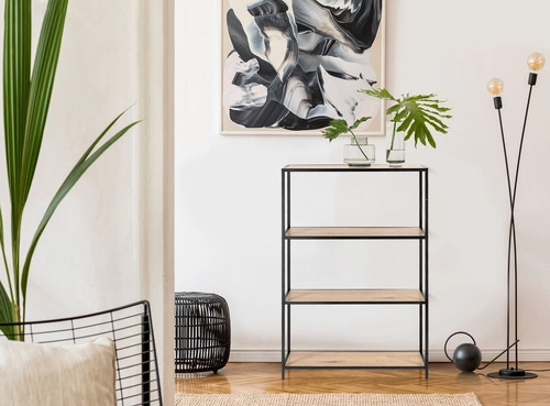 Regál do obýváku Oxford I moderní loftový na knihy 4 police dub a černý kov Intesi