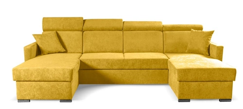 Rohová rozkládací sedačka Mils U hořčicová moderní do obýváku s úložným prostorem