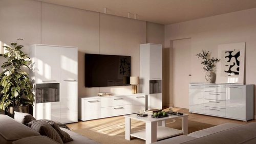 Bílá lesklá TV skříňka Flory 150 cm moderní se zásuvkami do obýváku Intesi