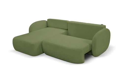 Rohová rozkládací pohovka levá Salby zelená moderní do obýváku s úložným prostorem