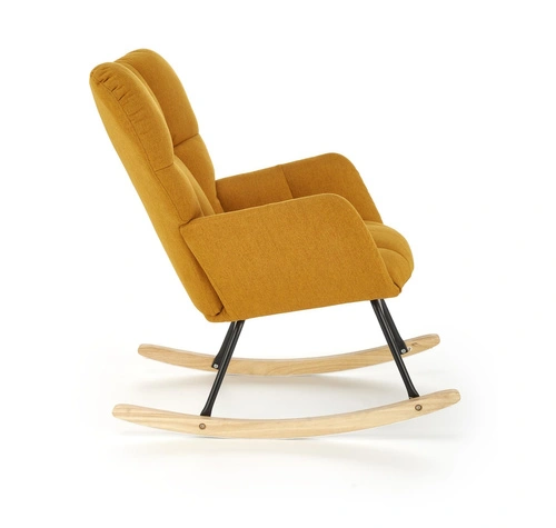 Houpací křeslo Caipola hořčicové do obýváku skandinávské čalouněné s područkami