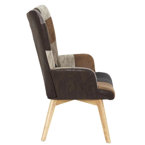 Křeslo ušák Helsinki do obýváku hnědý skandinávský patchwork s vysokými nohami Intesi