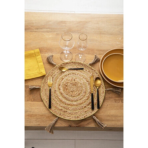 Kulatá jutová prostírka boho s bambulkami 38 cm přírodní na stůl do kuchyně 5five
