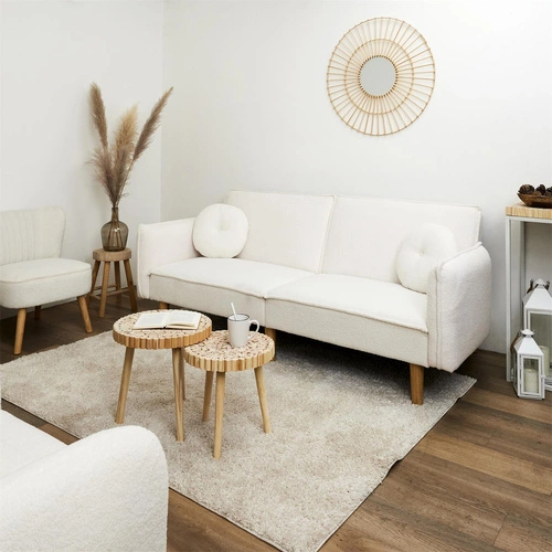 Rozkládací pohovka s funkcí spaní Boghena béžová skandinávská dvoumístná do obýváku na vysokých nožkách