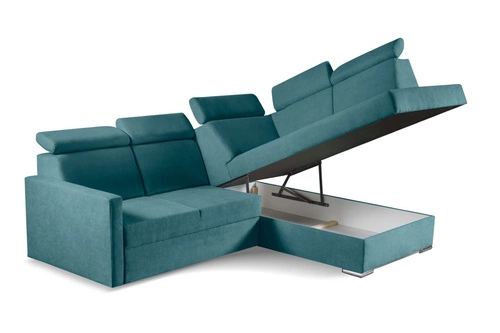 Rohová rozkládací sedačka do obýváku Mils XL mořská moderní s úložným prostorem pravá
