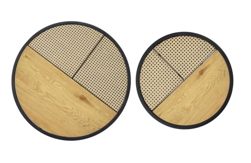 Sada 2 kulatých konferenčních stolků Namiga boho ratan dub zlatý a černý do obýváku 2v1