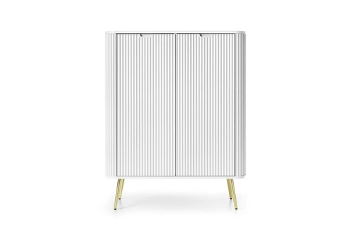 Vysoká bílá komoda Seda na zlatých nohách moderní s policemi do obýváku Intesi 129 cm