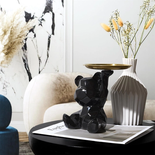 Dekorativní figurka medvěda origami černá se zlatým podnosem keramická do obýváku Intesi