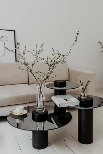 Kulatý konferenční stolek TYK 630 se zrcadlovou deskou, černý dub, moderní do obýváku NORDIFRA