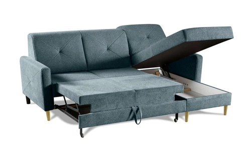 Modulární modrý rohový gauč Scandi ve skandinávském stylu s rozkladem a úložným prostorem do obýváku