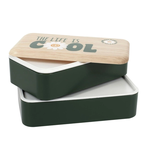 Dvoupodlažní zelený lunchbox Intesi s dřevěným víkem a lahví do práce nebo školy