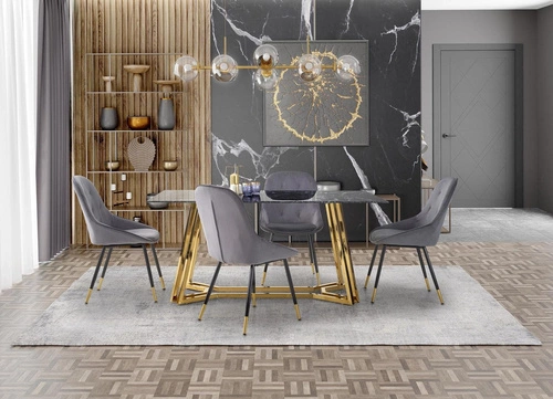 Jídelní stůl Gloria moderní černý mramor zlatý skleněná deska 160 cm glamour