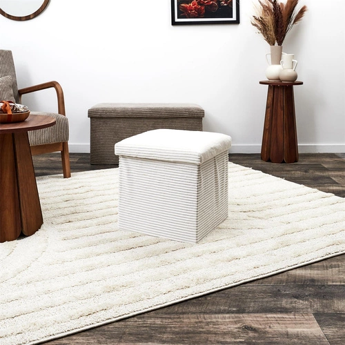 Skládací čtvercová taburetka Intesi Vels Scott s úložným prostorem, béžový manšestr 38x38 cm do obýváku