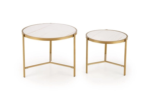 Sada 2 kulatých konferenčních stolků Kalund bílý mramor zlatý moderní glamour do obýváku