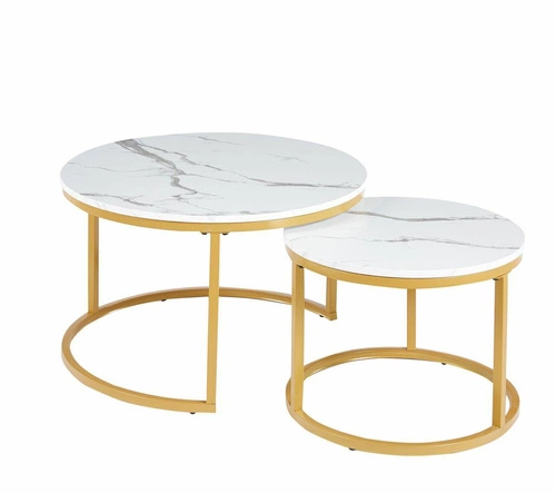 Sada 2 kulatých konferenčních stolků Bennett bílý mramor zlatý moderní glamour do obýváku