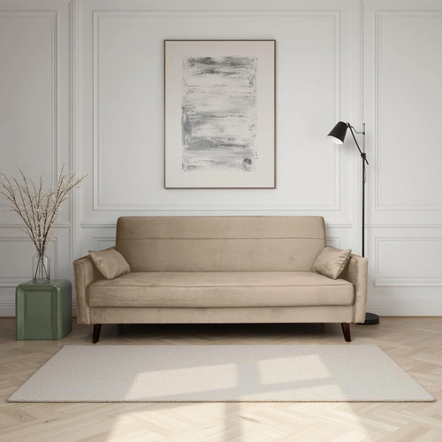 Rozkládací trojmístná pohovka Izoria béžová vintage do obýváku s úložným prostorem na lůžkoviny