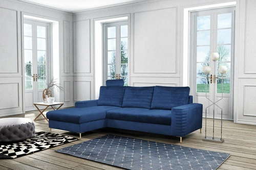 Moderní levý rohový gauč Hald, modrý samet, rozkládací, do obývacího pokoje