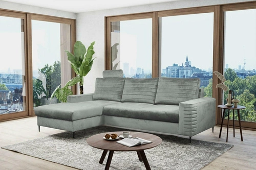 Moderní rohová rozkládací sedačka Hald levá šedá sametová do obýváku s úložným prostorem