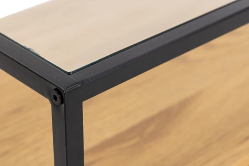 Moderní TV stolek Randolf se sklem a dubem 120 cm stojící do obýváku Actona