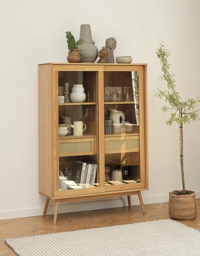 Vitrína Barrali 160 cm přírodní dub skleněná dřevěná do obýváku