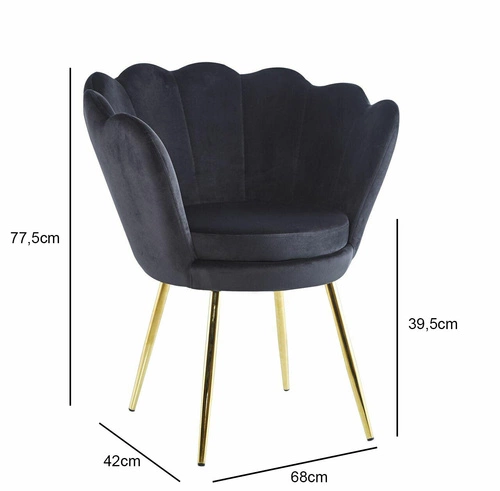 Čalouněná židle ve tvaru mušle Fiona VIC černý samet s područkami do glamour obýváku
