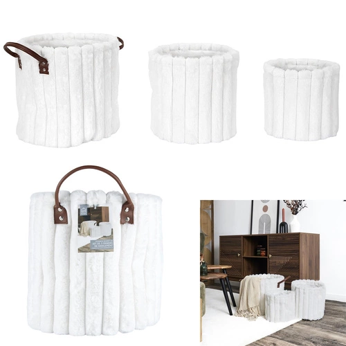 Sada 3 bílých dekoračních košů Furry Intesi z textilu na uložení