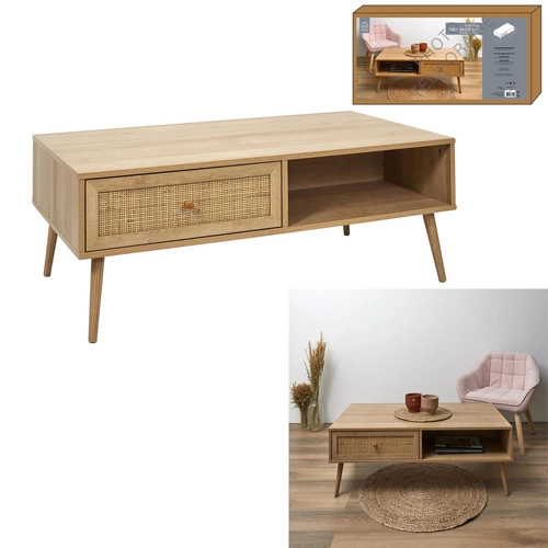 Konferenční stolek Bali obdélníkový dřevěný s ratanovou zásuvkou boho do obýváku Intesi