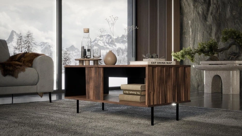 Konferenční stolek Miri obdélníkový ořechový moderní s policí loftový do obýváku 100x54 cm