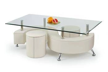 Skleněný konferenční stolek Nea se 2 bílými taburety moderní obdélníkový do obýváku Intesi