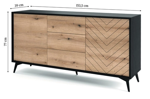 Komoda Fargo 154 cm moderní s zásuvkami na nožkách do obýváku dub a černá Intesi