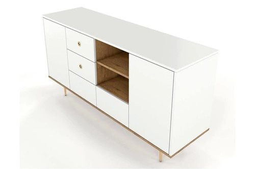 Bílá glamour komoda se zásuvkami Harmoni 160 cm dřevěná se zlatými nožkami do obýváku SKANDICA