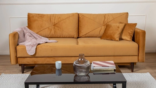 Rozkládací pohovka se spací funkcí Saxo dvoumístná do obýváku moderní žlutá s úložným prostorem