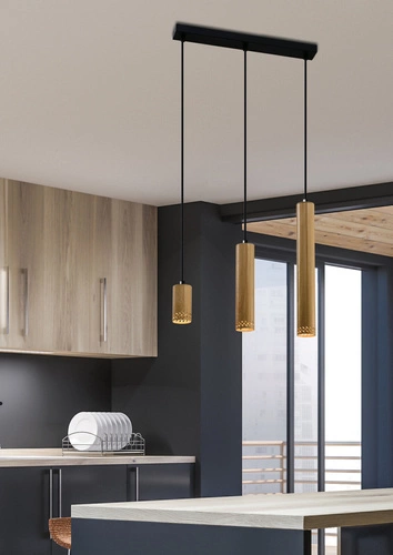 Závěsná lampa Tubo černá 3x25W GU10 se stínítkem ze smíšeného dřeva