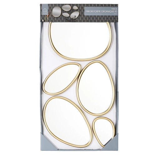 Sada 5 oválných dekorativních zrcadel Organic Shape ve zlatém rámu do obýváku Intesi
