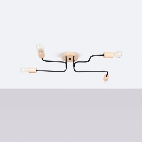 Loftový lustr TIMBO 4 černý s dřevem do obýváku a jídelny rozptýlené světlo