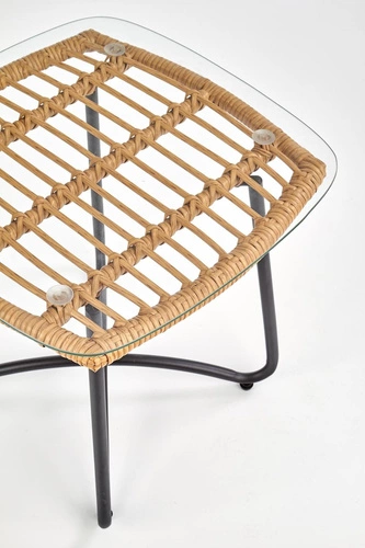 Konferenční stolek Surabaya čtvercový boho ratanový se skleněnou deskou černý do obýváku 51x51 cm