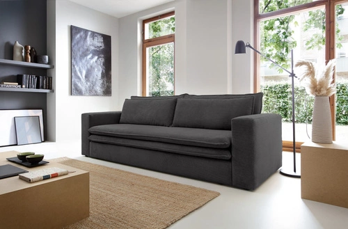 Rozkládací pohovka s úložným prostorem Ulnes, 3místná, manšestrová, antracitová, do obýváku