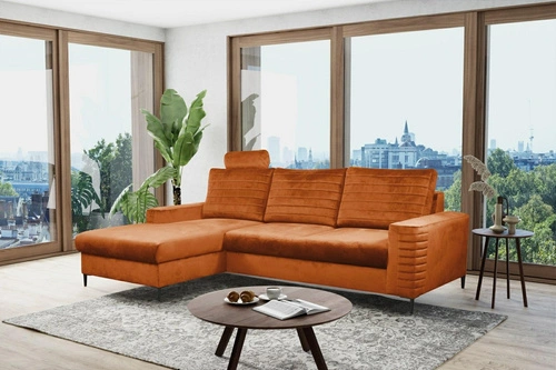 Moderní sametová rohová sedačka Hald s rozkladem a úložným prostorem levá do obýváku