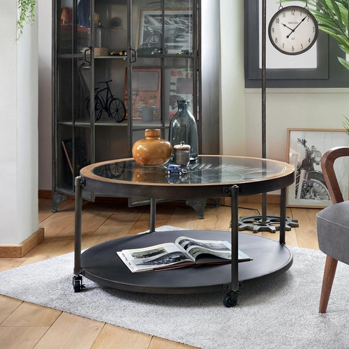 Konferenční stolek Chrono vintage kulatý skleněný s policí černý loftový do obýváku 95 cm Atmosphera