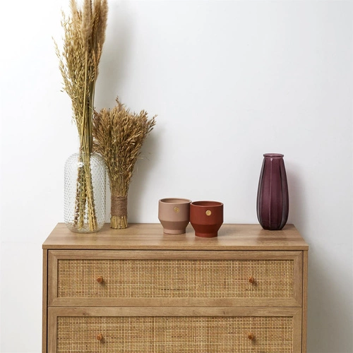 Komoda Bali boho s pleteným čelem, 3 zásuvky, hnědá, komoda do obýváku 90 cm Intesi