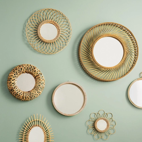 Kulaté zrcadlo boho Gwenn Atmosphera do obýváku v dřevěném rámu ratan 58 cm