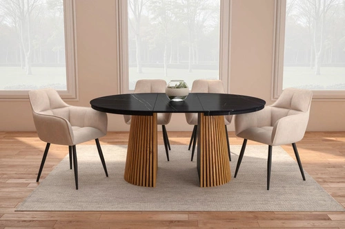 Rozkládací kulatý jídelní stůl Kyoto 120–200 cm černý mramor/dub moderní