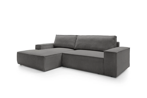 Rohová manšestrová pohovka Molde M levá s rozkladem a úložným prostorem do obýváku šedá