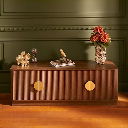 Dřevěný TV stolek Wany 140 cm japandi ořech, frézovaný, stojící do obýváku Atmosphera