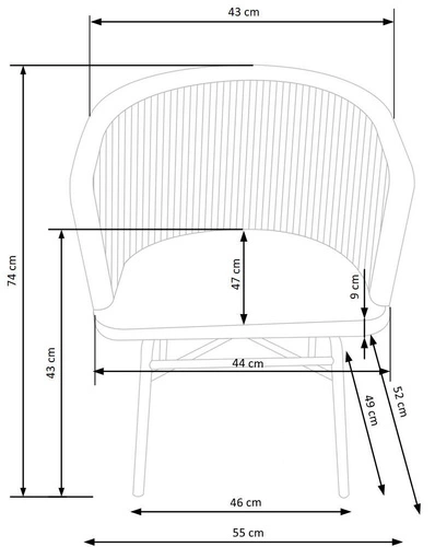 Ratanová jídelní židle Raffu s područkami a šedým polštářem na kovových nohách