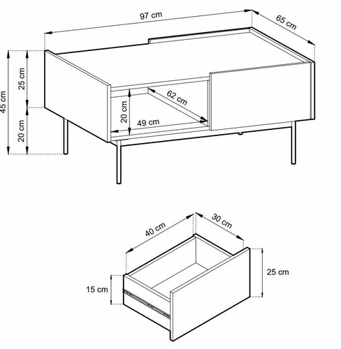 Obdélníkový konferenční stolek Cashmer 97x65 cm se zásuvkami a policí moderní do obýváku