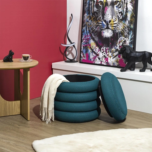 Okrúhlý tyrkysový taburet s úložným prostorem Atom Intesi moderní do obývacího pokoje a ložnice 42 cm