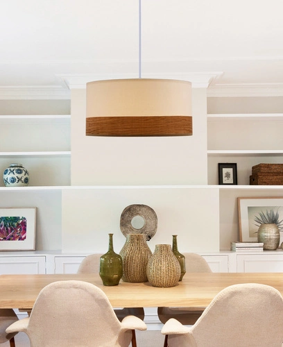 Závěsné svítidlo Bianco bílá s látkovým stínidlem ořech, výškově nastavitelné do obýváku a kuchyně