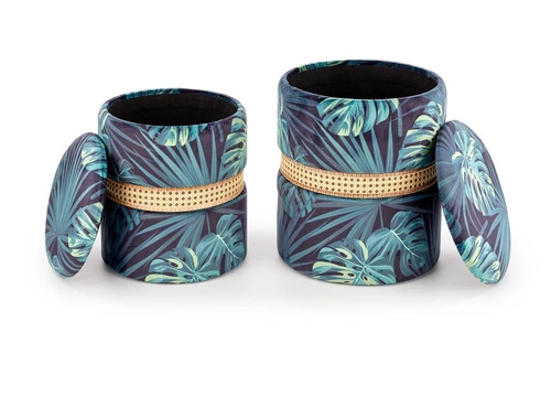 Sada 2 kulatých zelených taburetů Dadra s úložným prostorem do obýváku a předsíně ratan čalouněné